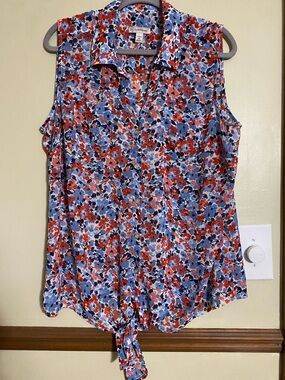 Sleeveless Button-Front Tie-Hem Blouse in Blue & Red Floral